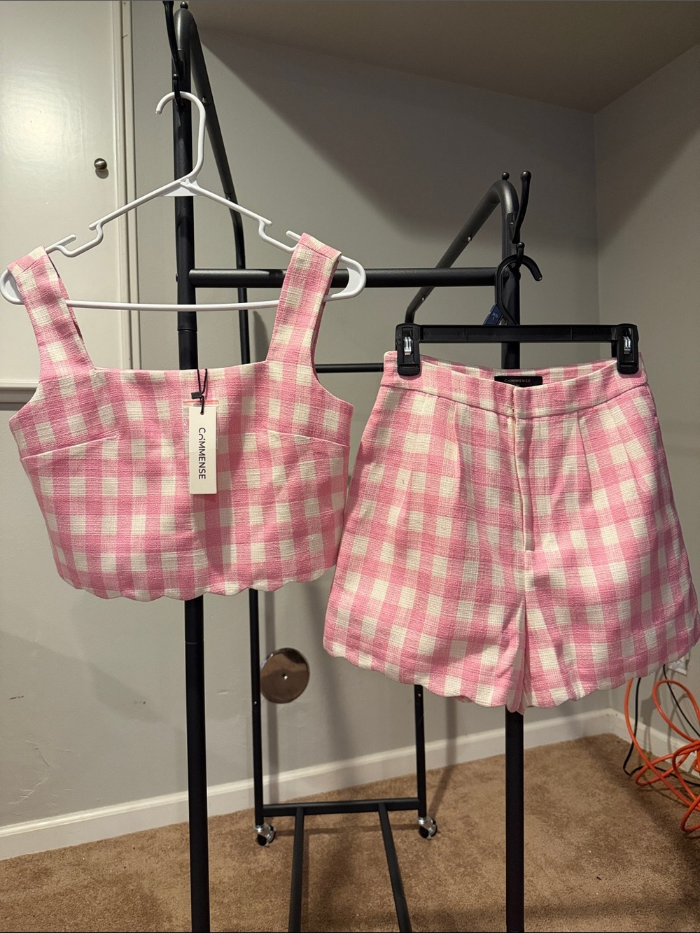 Commense Pink and White Gingham Cropped Tank & High-Waist Shorts Set